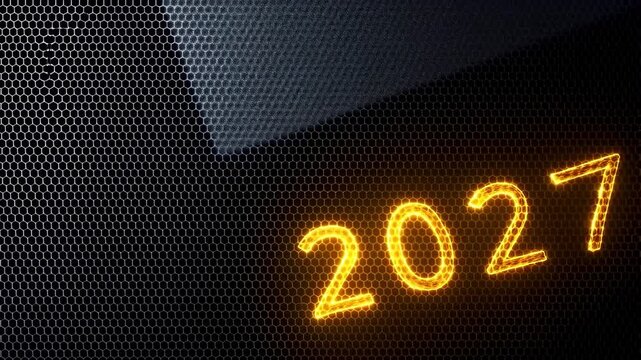Futuristic glowing 2027 digital text on dark hexagonal mesh background