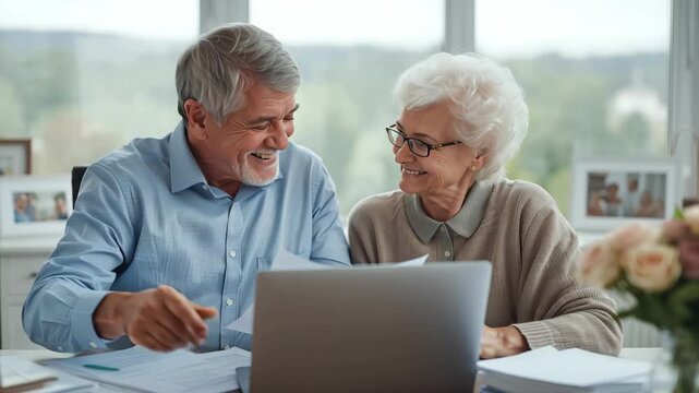 Senior couple at home smiling while using laptop and reviewing paperwork together for planning