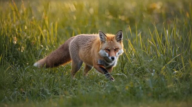 Wild mammal fox in meadow grass at golden hour alert focused warm backlight