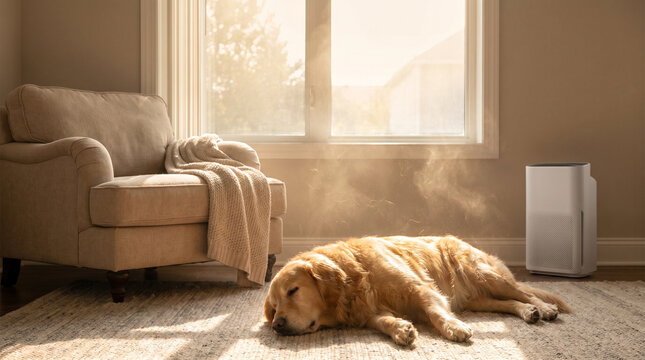 Pet dander and dust affecting indoor air in a living room