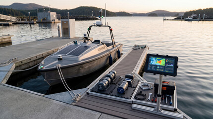 Fototapeta premium Autonomous coral survey boat at coastal research dock