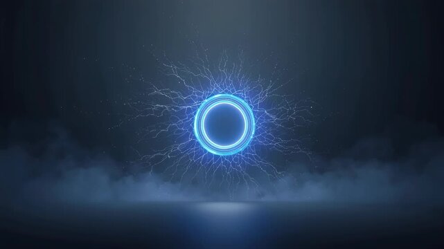 Glowing blue energy ring neon circle with electric sparks misty floor futuristic electric arcs