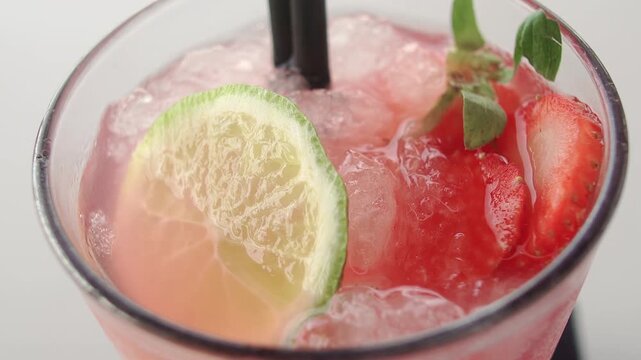 Refreshing Strawberry Lime Cocktail with Ice and Fruit Garnish