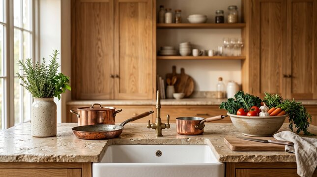 Rustic farmhouse kitchen interior with copper cookware and fresh vegetables on a stone countertop.