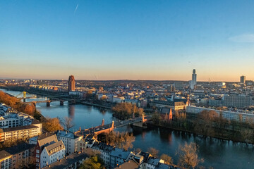 Fototapeta premium Frankfurt Skyline at Red Winter Sunset Over the Main River