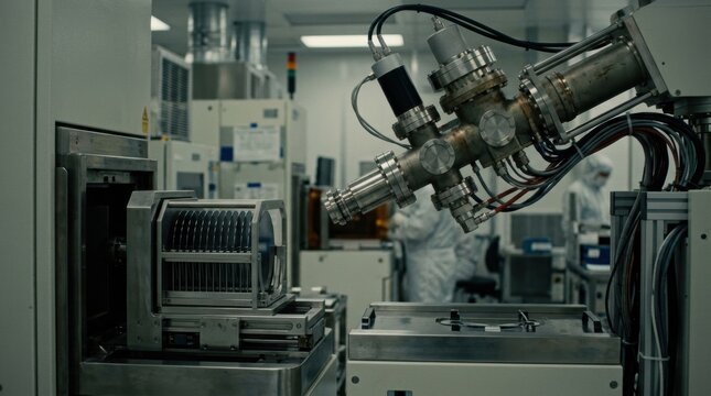 Medium shot focusing on high dose ion implantation at station with wafer cassette positioned and beamline visibly aligned for precise ion delivery.