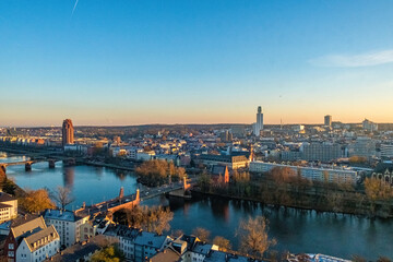 Fototapeta premium Frankfurt Skyline at Red Winter Sunset Over the Main River