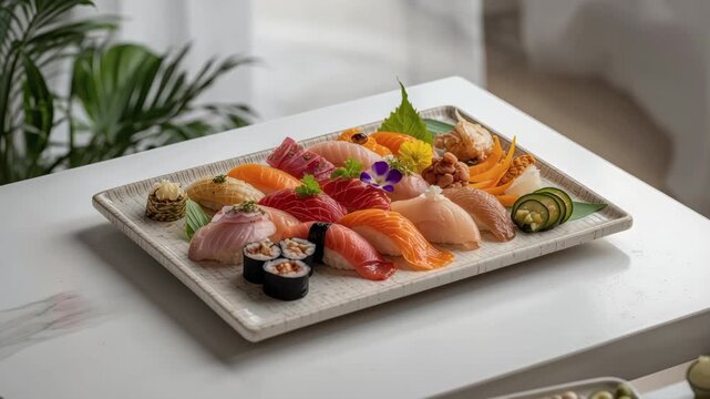 Fresh nigiri sashimi sushi nigiri and maki seafood rice platter arranged with colorful garnishes