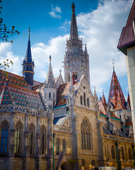 Fototapeta premium The Church of Our Lady at Buda Castle in Budapest, historic Gothic landmark and famous Hungarian tourist attraction. Fishermans Bastion