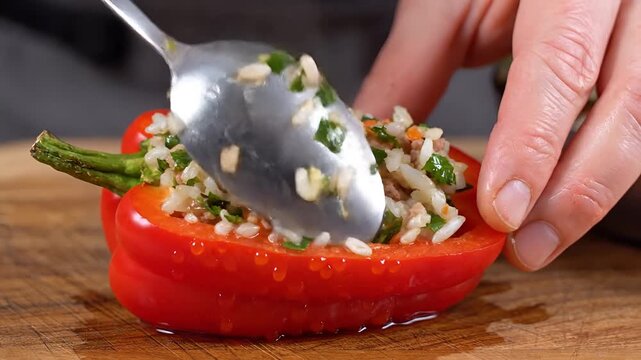 Closeup of hands stuffing a red bell pepper with a grain mixture.