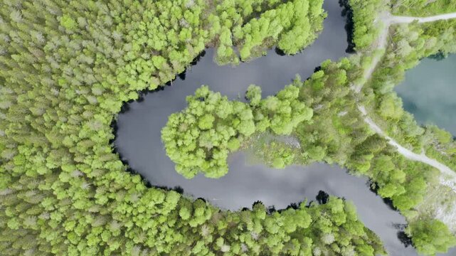 Top view aerial shot of Tokhmayoki river in the Mining park Ruskeala. Karelia, Russia.