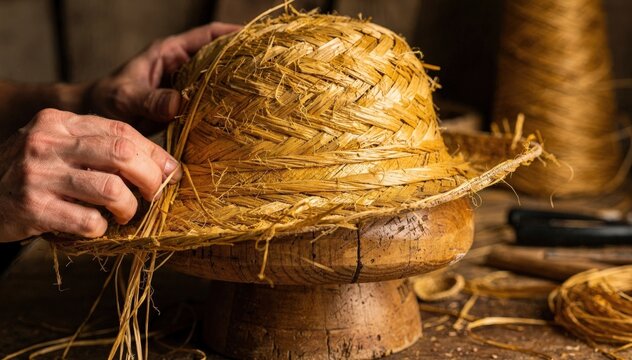 Artisan shaping golden raffia braids on a wooden block skillfully molding the hats form while showcasing the natural fibers vibrant texture and durability.