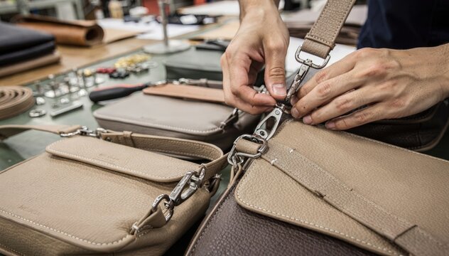 Focused shot of factory workers attaching adjustable straps and clasps to crossbody handbags highlighting precise craftsmanship on supple textured leather.