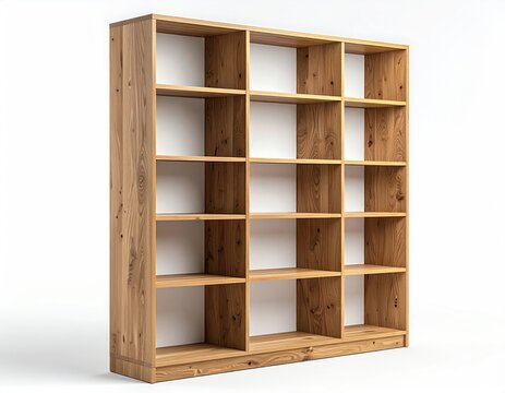 Wooden shelving unit with many open compartments