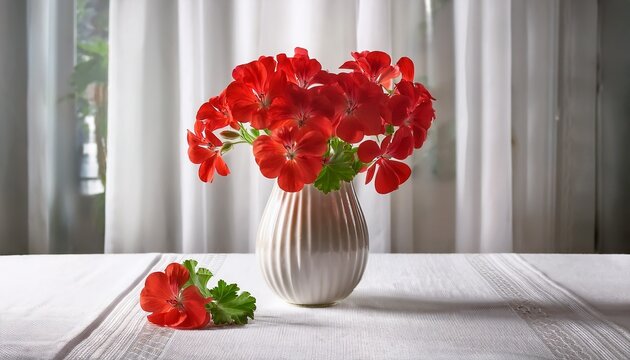geranium flowers in a vase on white tablecloth flowers vase red