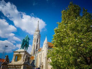 Obraz premium The Church of Our Lady at Buda Castle in Budapest, historic Gothic landmark and famous Hungarian tourist attraction. Fishermans Bastion