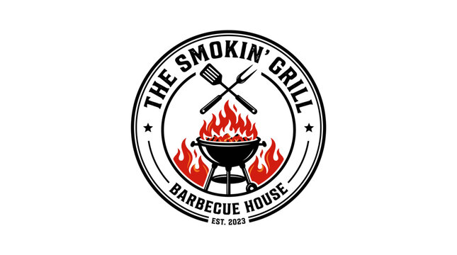 A logo of a barbecue restaurant with flames and utensils on a circular sign
