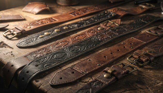 Assembling leather belts and bracers with detailed tooling and stitching highlighting the craftsmanship of wearable cosplay accessories with rugged authentic designs.