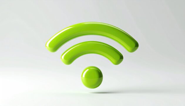 Bright green, glossy wifi symbol on a clean, light grey background