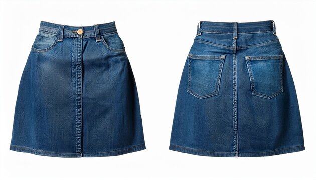 blue denim a line skirt with button closure and pockets front and back view isolated on white