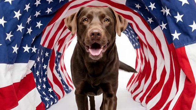 Happy Chocolate Labrador Retriever dog walking through a tunnel of American flags, patriotic 4th of July and Memorial Day pet portrait