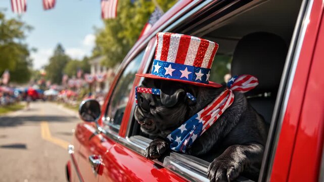 Happy black Pug dog wearing a patriotic Uncle Sam top hat, American flag sunglasses, and bandana looking out of a red car window during a sunny 4th of July parade celebration