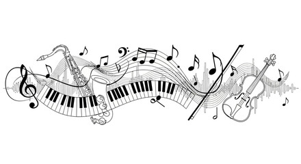 Flowing musical notes and instruments in black and white illustration © Kamil