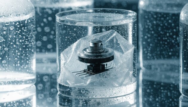 Medium shot showing encapsulation of a pressure sensor in a sterile lab environment emphasizing protective packaging for microscale devices.