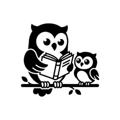Fototapeta premium Black and white silhouette of a mother owl reading a book to her baby owl sitting on a branch.