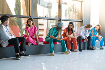 Fototapeta premium Medical professionals take a break in a hospital waiting area