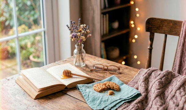 Open book with shortbread cookies and dried flowers on a sunlit windowsill with knitted throw [copy space]