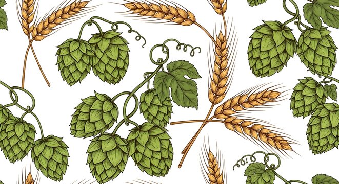 Seamless botanical pattern featuring hand-drawn illustrations of green hops and golden wheat. Perfect for craft brewing, natural food, or rustic agricultural designs