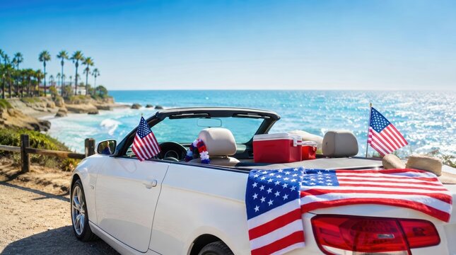 White convertible car parked on scenic ocean beach road with American flags, cooler and patriotic towel, ready for 4th of July summer road trip, coastal vacation or Independence Day travel
