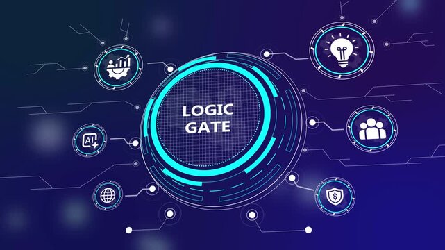 Futuristic digital logic gate interface with glowing circuit board elements and business technology icons representing AI, innovation, data analytics, and global connectivity.