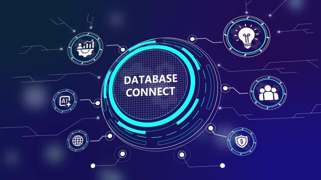 Futuristic Digital Interface with Database Connect Text Surrounded by Technology Icons Representing Data Integration Artificial Intelligence Business Connectivity and Cyber Security