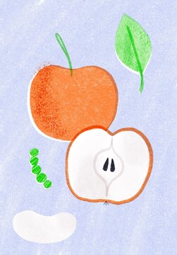 Apples Illustration, a leaf, and a caterpillar