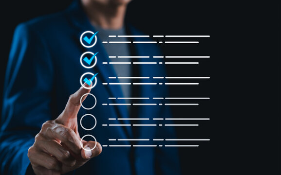 Online assessment and survey concept. Person selecting virtual digital checklist, symbolizing online test, exam, quiz, questionnaire, feedback form, data collection, evaluation, and decision process.
