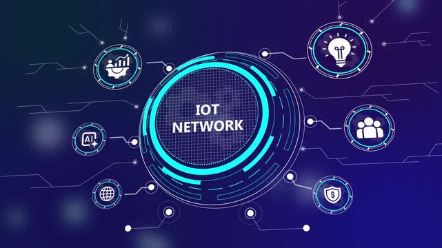 Internet of Things IoT Network Digital Interface HUD with Glowing Icons for Global Connectivity Business Innovation Artificial Intelligence and Data Security in Blue Futuristic Environment