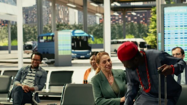 Multicultural group of passengers colliding and hurrying in bus stop and terminal waiting area. Dynamic life in motion scene featuring luggage and long-haul travel stress, urban station flow.