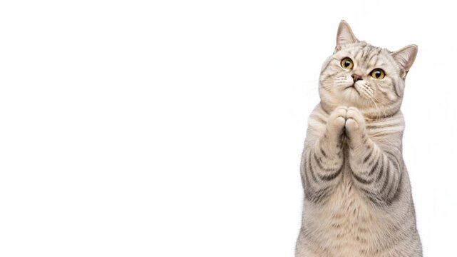 Please reaction British shorthair cat with paws together, horizontal video with copy space