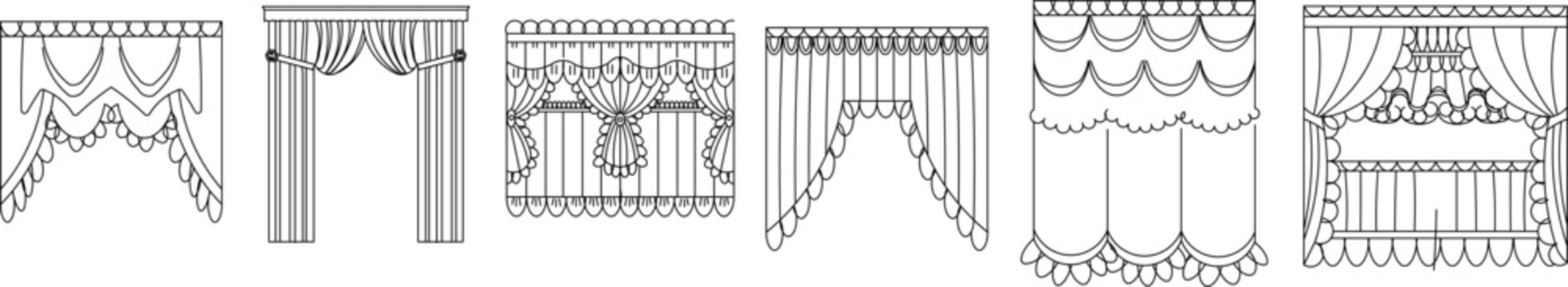 Collection of ornate curtain and drapery design symbols featuring layered swags, jabots, scalloped valances, and decorative scroll elements. Includes elaborate multi-tiered treatments with fringe and 