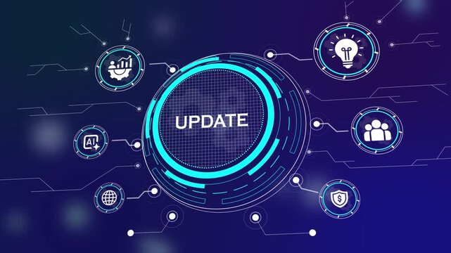 Digital System Update Concept with HUD Interface Displaying Icons for AI Security Innovation and Global Business Growth