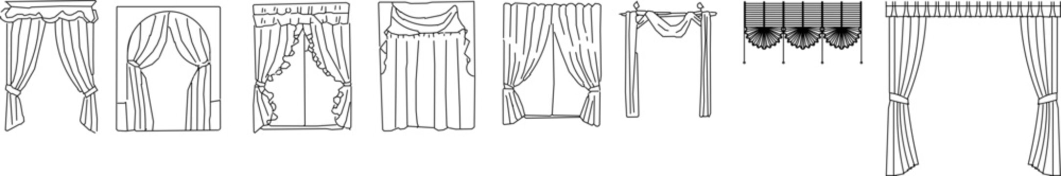 Collection of curtain and drapery design symbols featuring various styles including swags, valances, arched window treatments, cafe curtains, and full-length panels with decorative tiebacks and finial