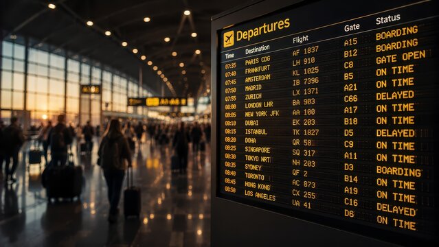 Wide-angle view of a busy airport departure terminal at sunset with illuminated electronic departures board, silhouetted travelers with luggage, gates and modern glass architecture