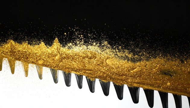 Golden particles cascade over black textured edge with a sharp contrast