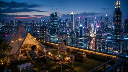 Fototapeta premium Rooftop urban glamping at dusk: two friends relaxing in a lit canvas tent with cozy seating, lanterns and picnic spread on a high-rise terrace overlooking a sparkling city skyline