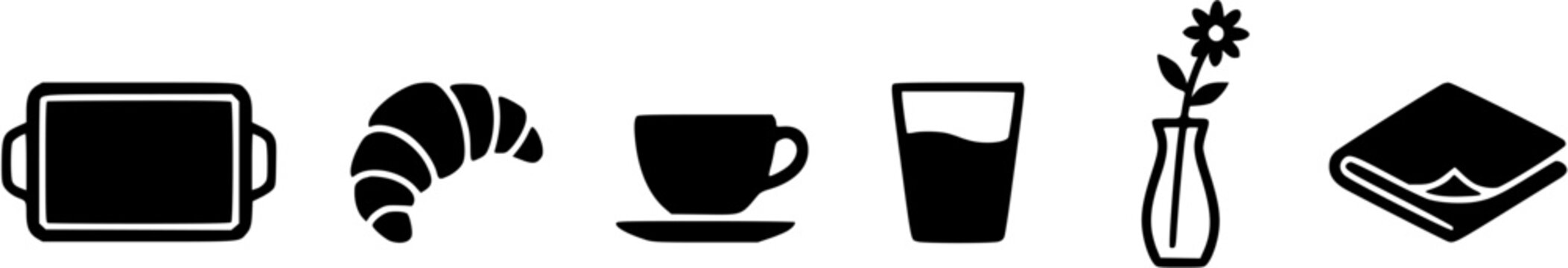 Breakfast and cafe service icon set featuring tray, croissant and coffee cup with glass of water, flower vase and folded napkin.