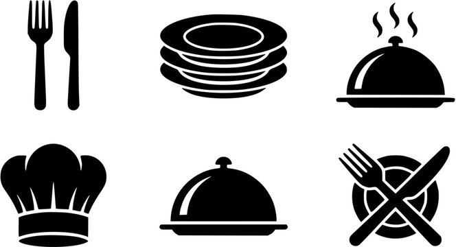 Restaurant and dining icon set featuring black silhouettes of cutlery, stacked plates, cloches and a chef hat isolated on white background.