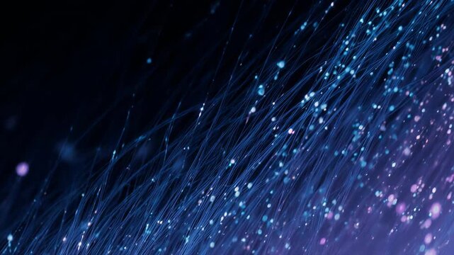 Abstract blue fiber optic strands with glowing particles and flowing digital network texture on dark background