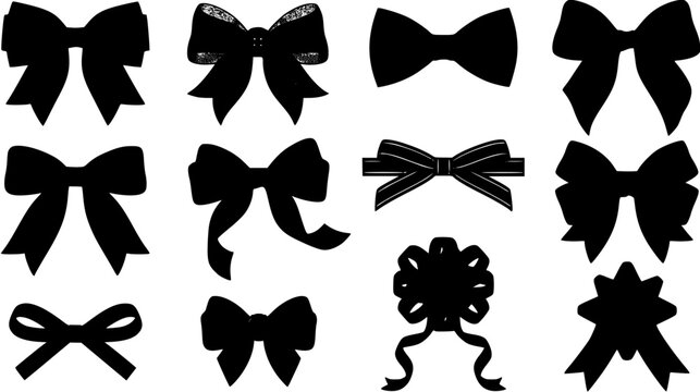 Collection of various black ribbon bows in different styles and textures isolated on a white background